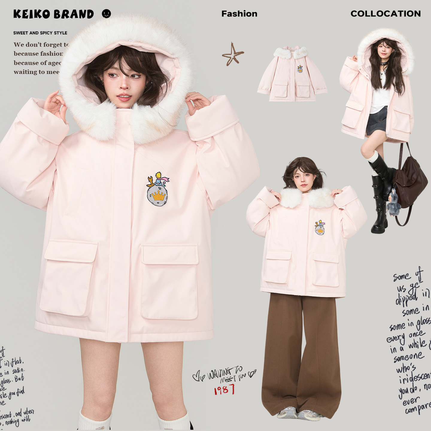 KEIKO狐狸毛领加厚保暖派克服