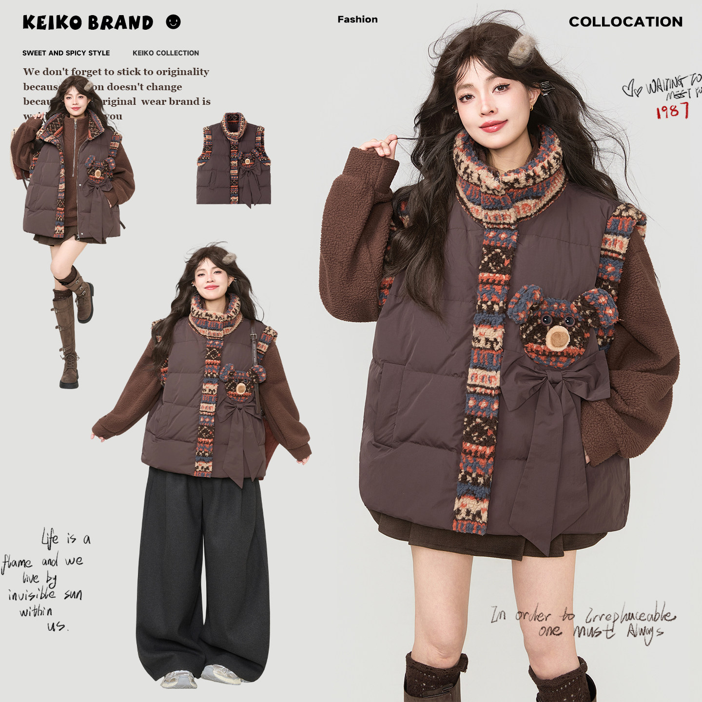 keiko羊羔毛绒拼接棉服