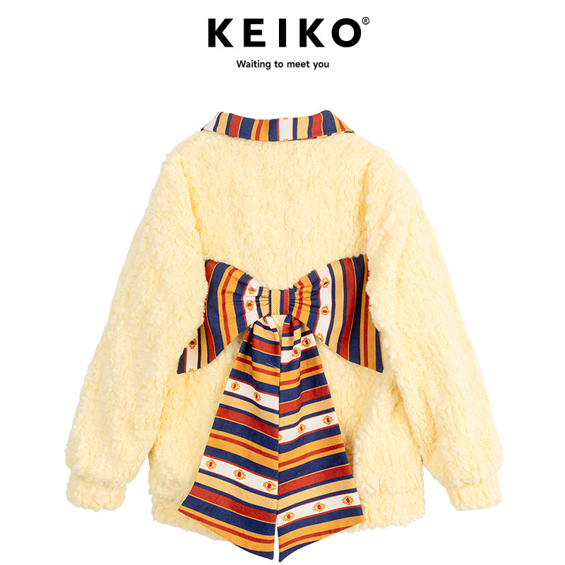 KEIKO [仿羊卷绒]蝴蝶结饰羊羔毛外套女24冬季少年感加厚毛毛棉服