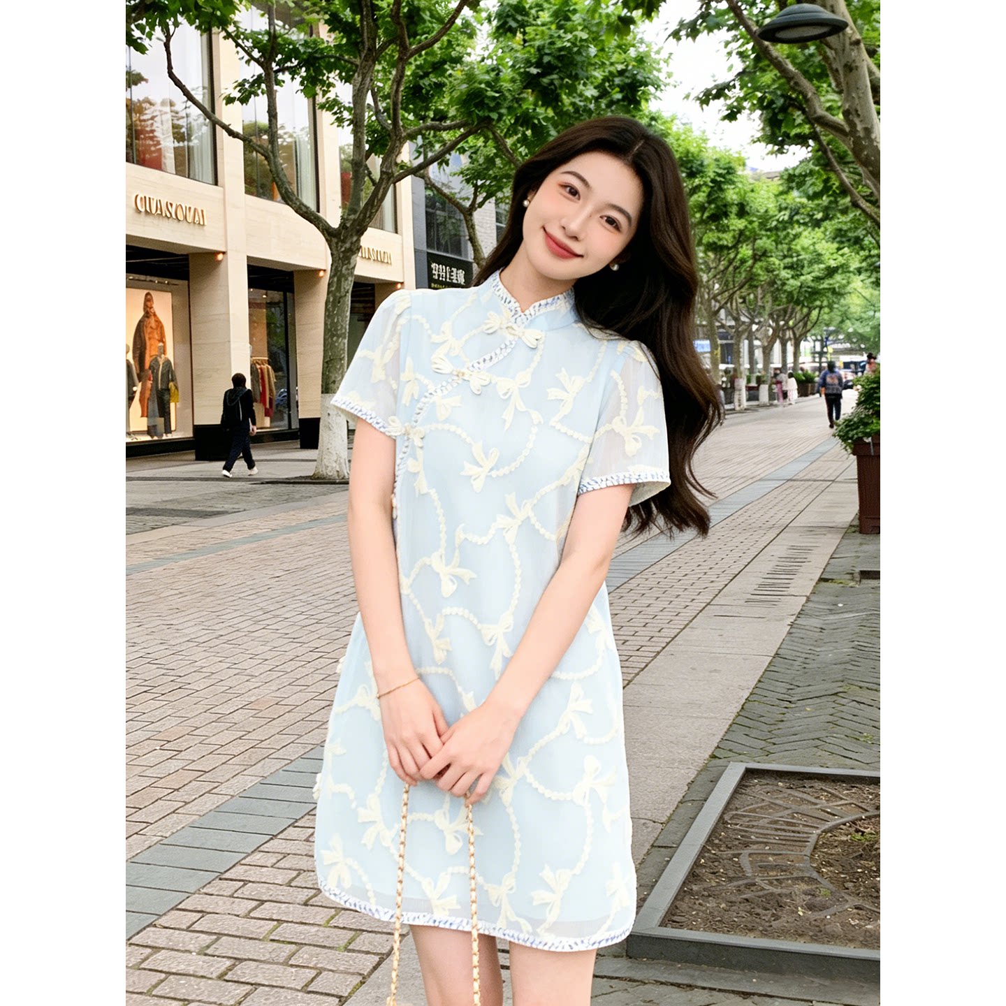 KEIKO 重工蕾丝绣花布旗袍连衣裙26夏季轻量新中式宽松拼接网纱裙