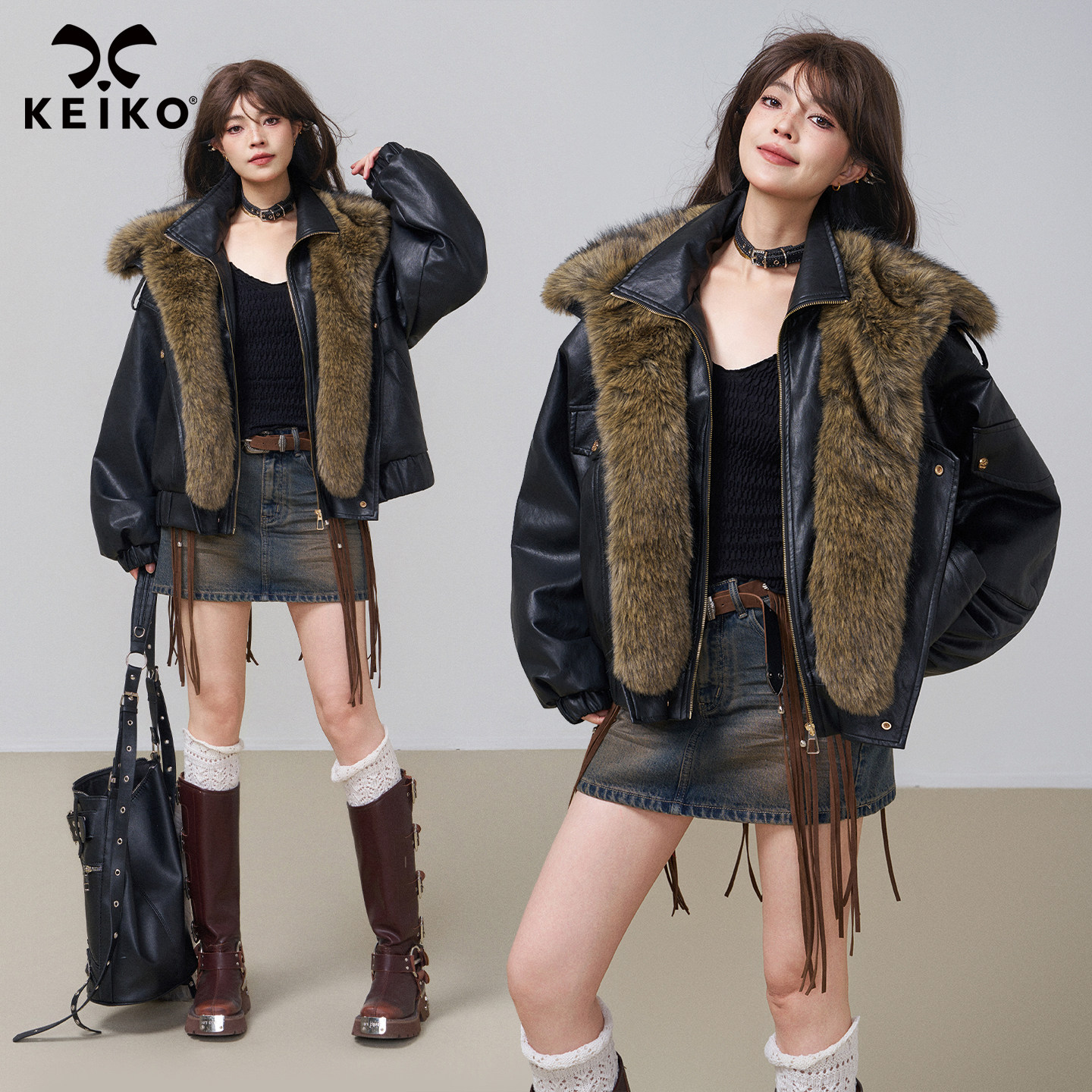 KEIKO 可卸环保雪狼狐毛领黑色皮衣秋冬机车风短款夹棉皮夹克外套