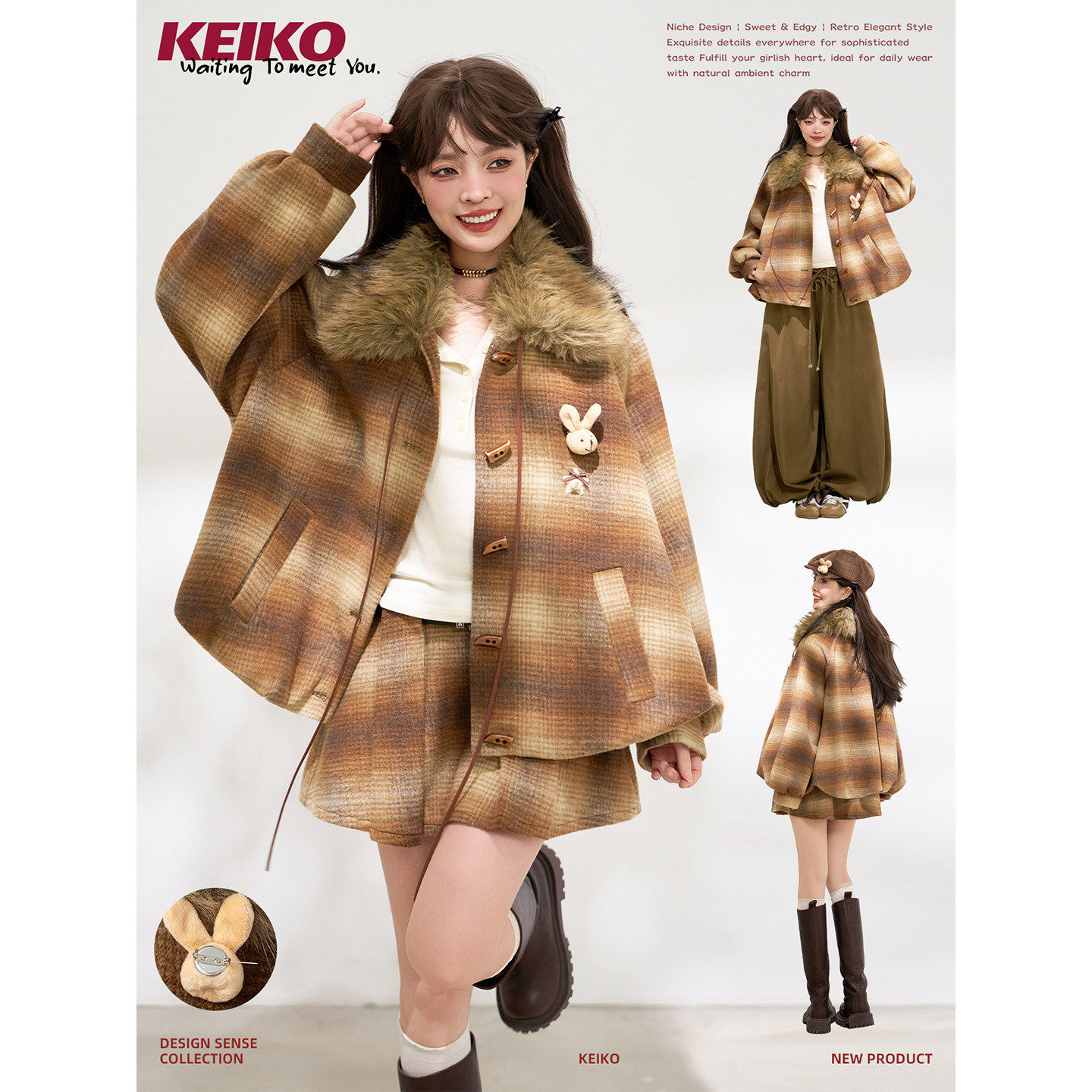 KEIKO貉毛领羊毛呢大衣女冬套装