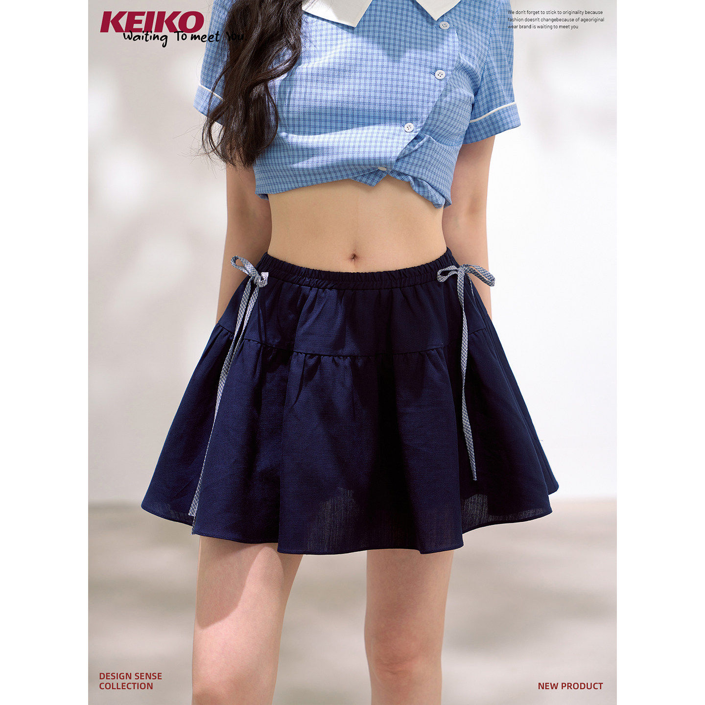 KEIKO藏青高腰A字百褶短裙防走光