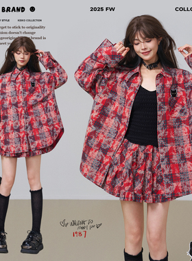 KEIKO 覆古回潮红色格子印染长袖衬衫女秋季韩系宽松纯棉休闲上衣