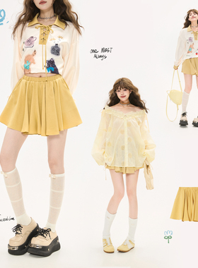 KEIKO [防走光] 减龄明黄色A字半身裙短裙秋季少女感小个子百褶裙