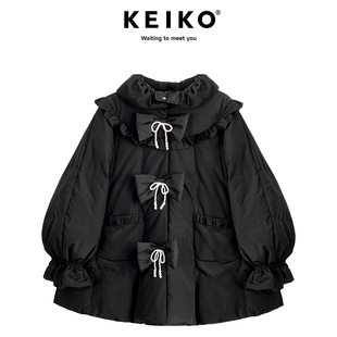 KEIKO [高克重229g白鸭绒]黑色斗篷型羽绒服冬季蝴蝶结饰加厚外套