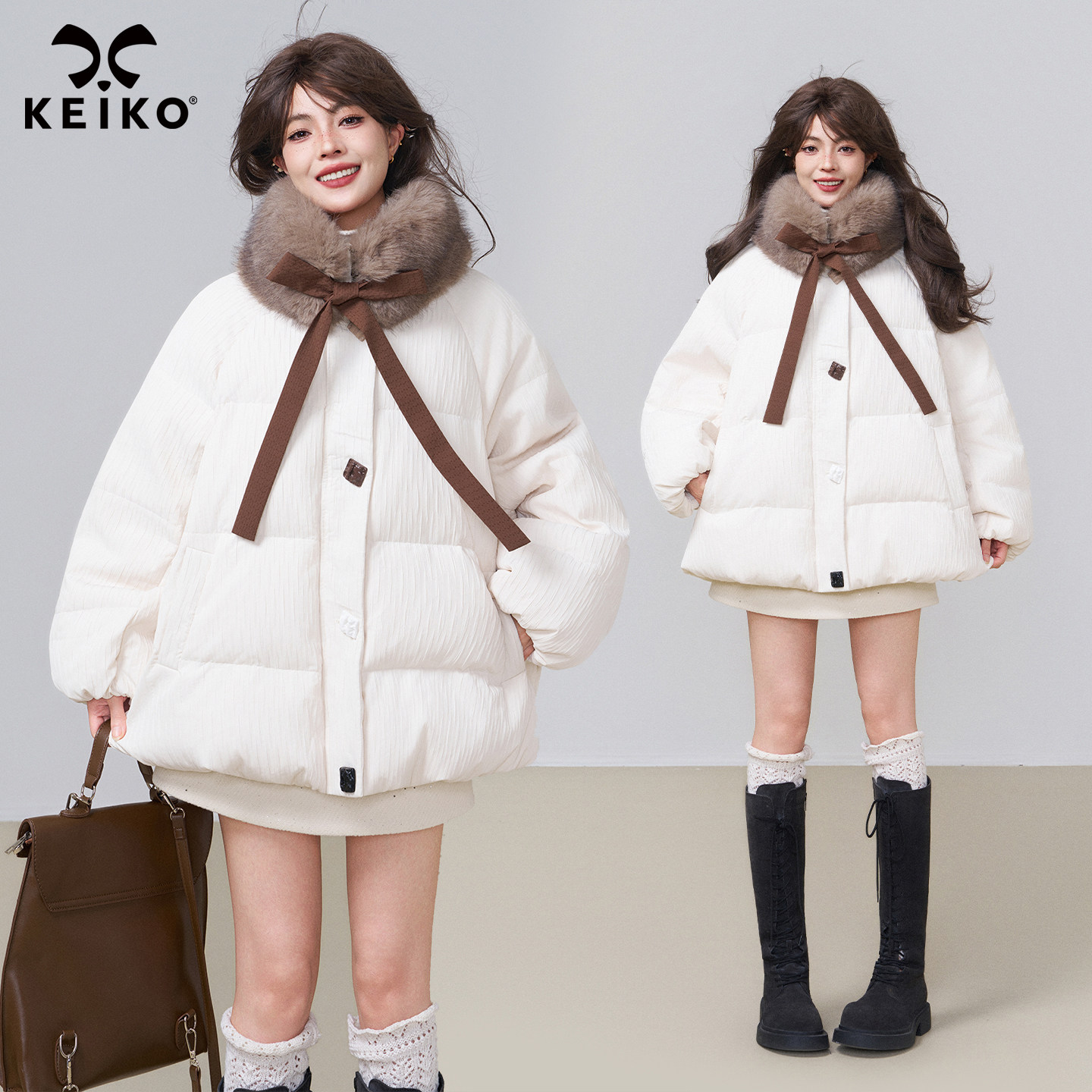 KEIKO[90白鸭绒] 系带毛绒领花苞羽绒服女冬季肌理感宽松加厚外套