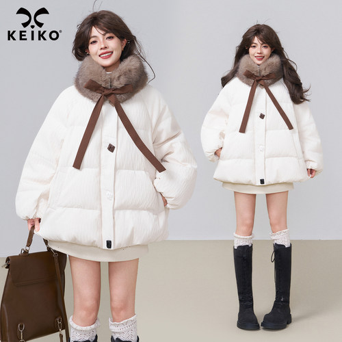 KEIKO[90白鸭绒] 系带毛绒领花苞羽绒服女冬季肌理感宽松加厚外套