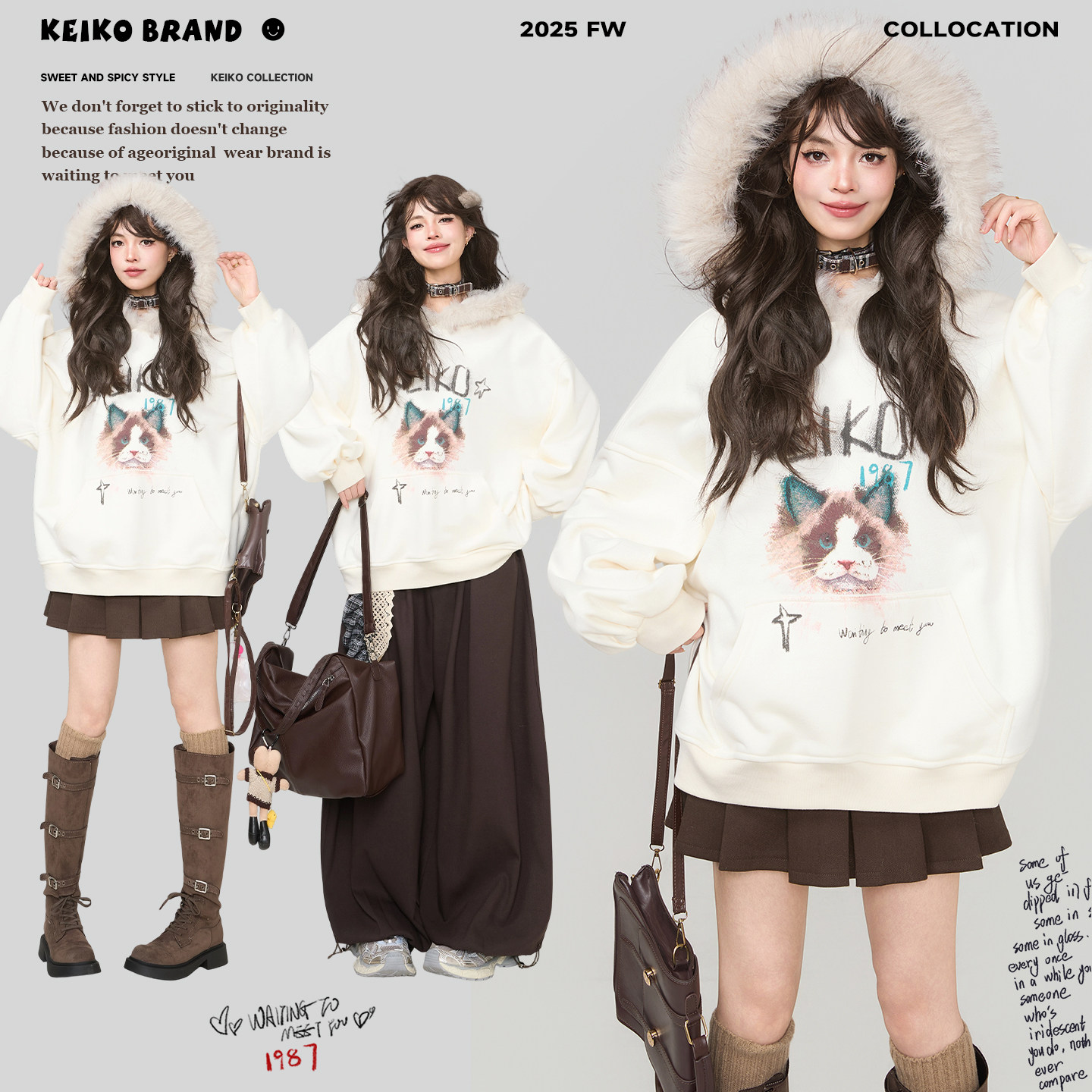 KEIKO 小猫印花毛领连帽卫衣女2025冬季洋气动物图案加绒加厚外套