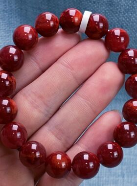 04F83凉山瓦西料原矿高品质南红牛色锦红火焰单圈手串