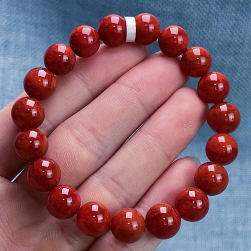 13F83凉山瓦西料原矿高品质南红柿子锦红妖火焰单圈手串