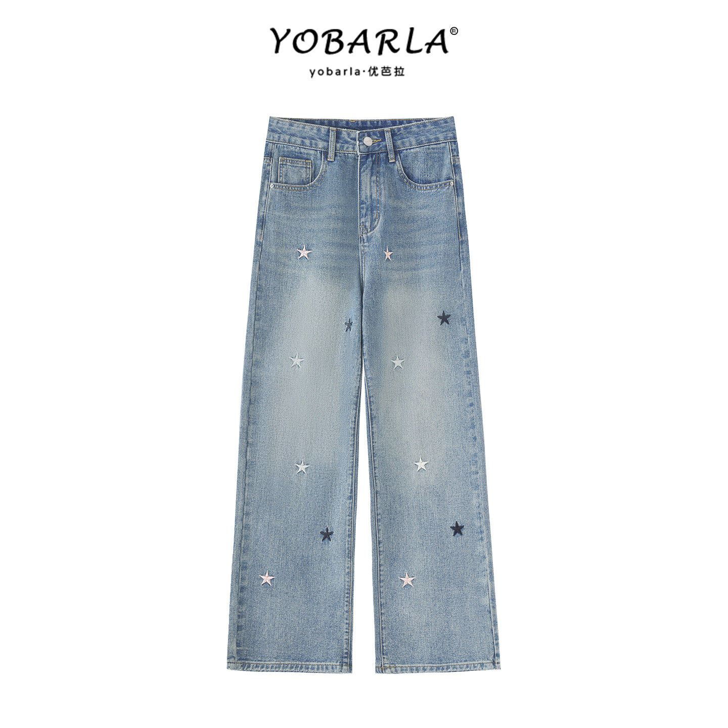 浅色星星刺绣直筒牛仔裤女高腰秋季新款大尺码胖mm宽松显瘦阔腿裤