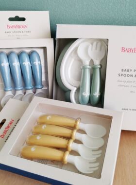 瑞典babybjorn餐盘叉勺套装 防滑三叶草花朵餐盘 婴儿吃饭辅食碗