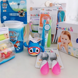 美国munchkin麦肯齐满趣健感温勺碗叉勺学饮杯围兜餐盘发条企鹅