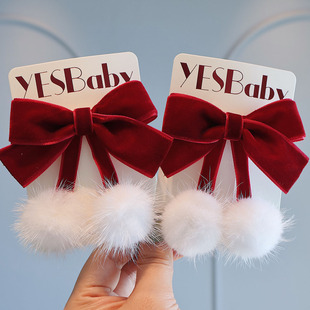 女孩过新年喜庆头饰丝绒红色毛球蝴蝶结发夹儿童可爱汉服国风对夹