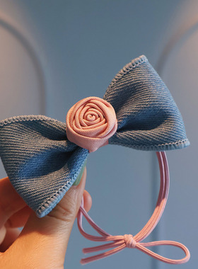 复古蓝色儿童牛仔蝴蝶结发绳粉色花朵气质扎发马尾皮筋丸子头发圈