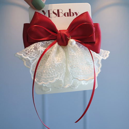 小女孩公主风蕾丝蝴蝶结发夹甜美缎面顶夹头饰儿童后脑勺马尾发卡
