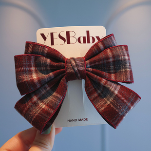 秋冬毛呢复古格纹学院风蝴蝶结发夹女孩洋气百搭顶夹发卡儿童头饰