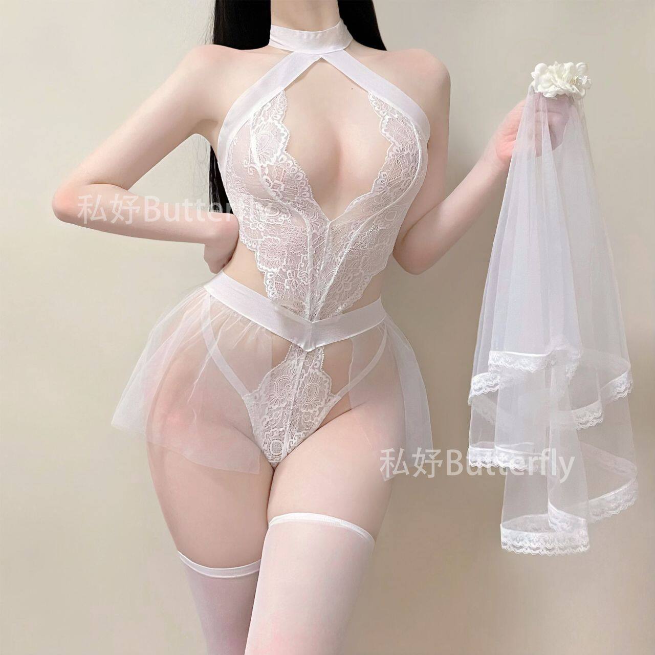 私妤：绯夜娇妻～性感深V清纯纯欲蕾丝透视婚纱新娘制服睡衣套装