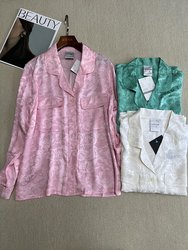 重磅真丝提花桑波段长袖衬衣女桑蚕丝休闲百搭小翻领纯色上衣打底