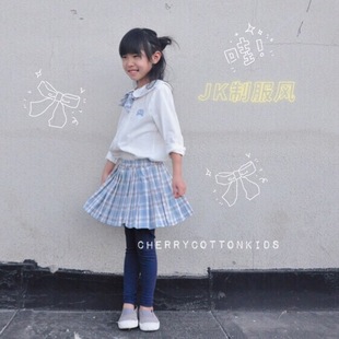 【5折不退换】学院派JK风 女宝春秋棉布领结衬衫百褶格短裙打底裤