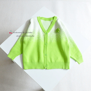 【5折不退换】很好看的荧光绿！女童洋气渐变V领全棉针织开衫毛衣