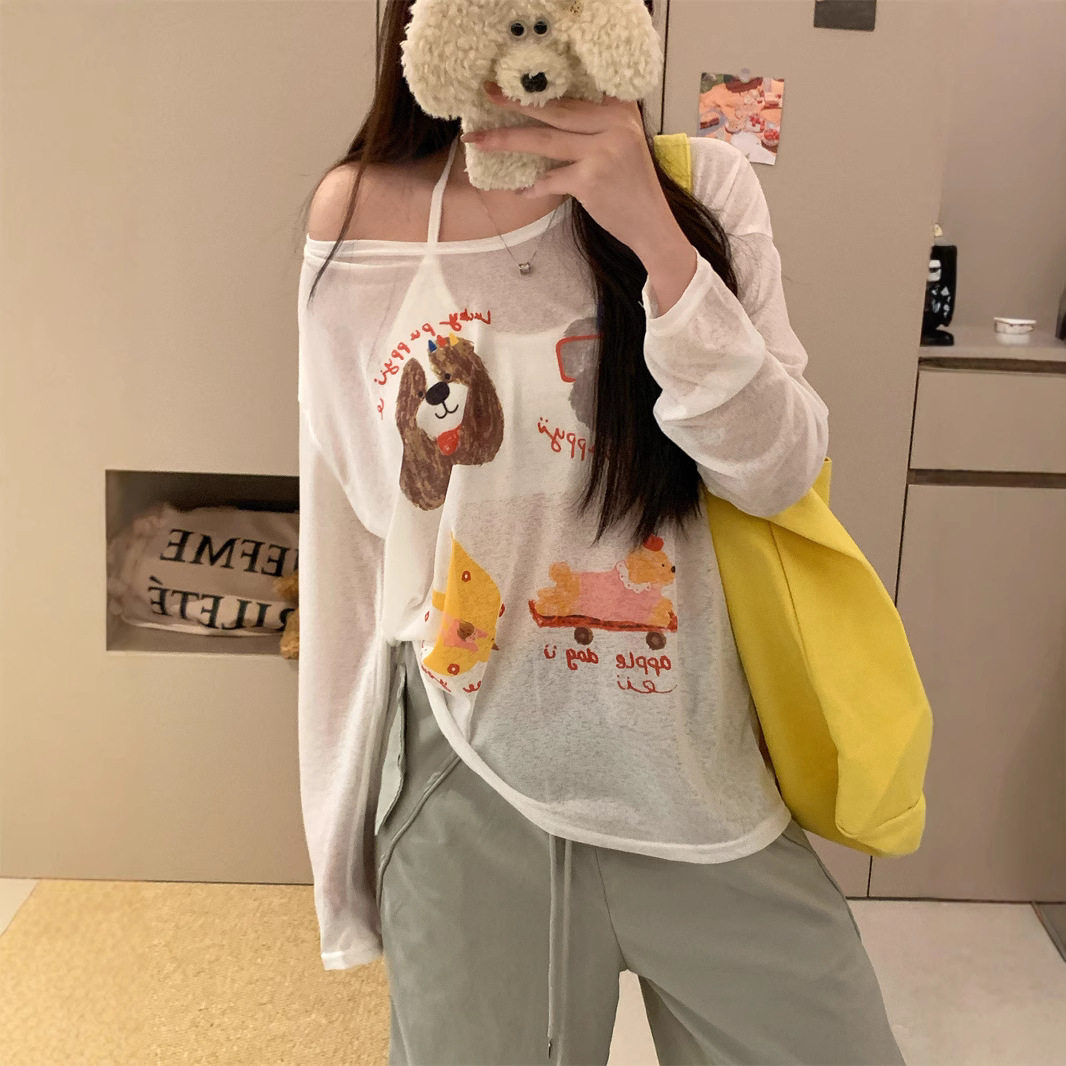 罩衫女夏薄款松弛感小狗印花T恤女防晒罩衫2025夏季薄款打底上衣