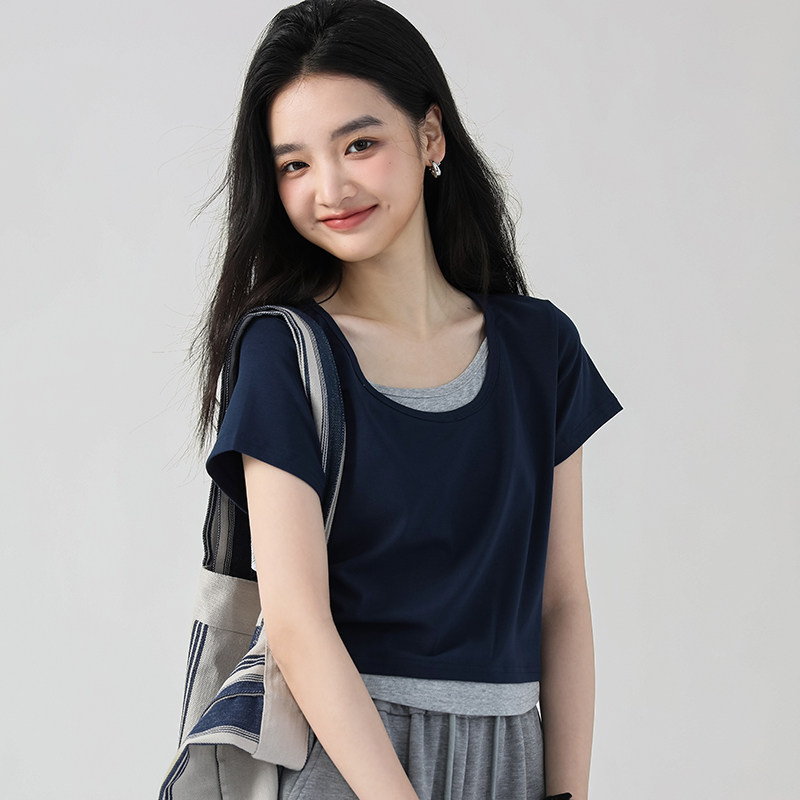 短款短袖t恤女夏2025夏装新款学生宽松ins潮圆领高腰小个子体恤衫