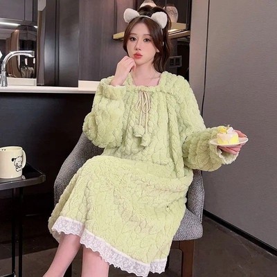 睡裙女秋冬加厚珊瑚绒加肥大码胖mm200斤公主风法兰绒睡衣裙孕妇