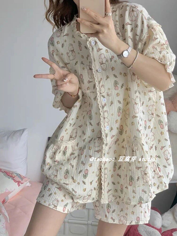 한국어 INS 달콤하고 귀여운 토끼 잠옷 여성용 여름 인터넷 연예인 소녀 반팔 반바지 얇은 가정복 세트