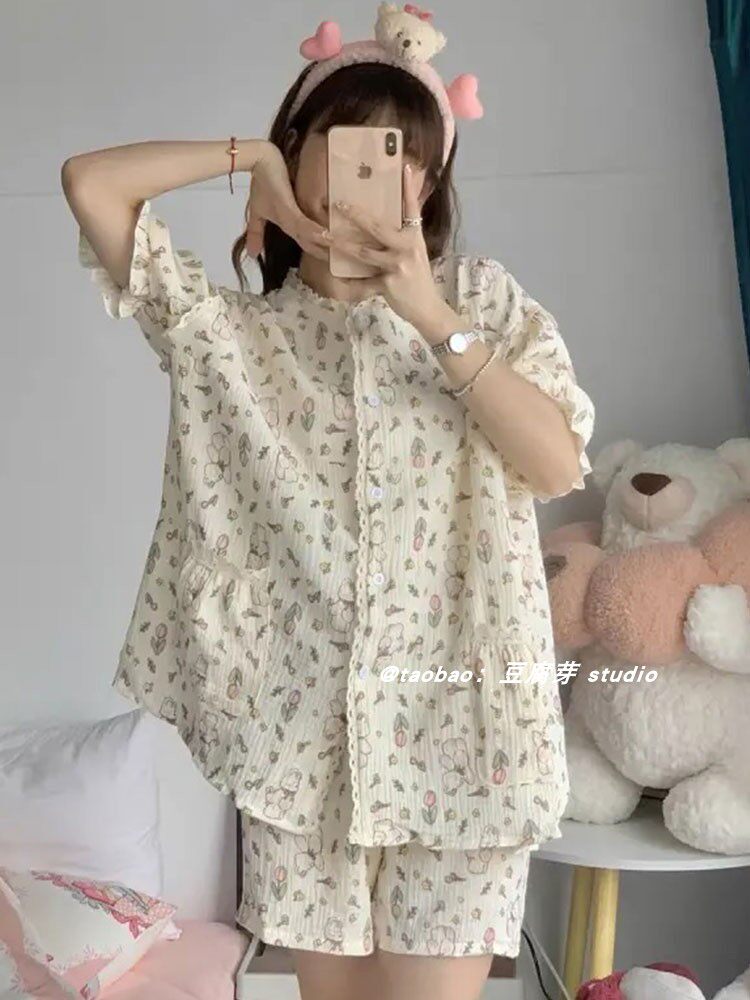 한국어 INS 달콤하고 귀여운 토끼 잠옷 여성용 여름 인터넷 연예인 소녀 반팔 반바지 얇은 가정복 세트