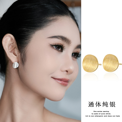 通体925纯银  拉丝圆片耳扣女设计感几何简约耳环礼物潮轻奢耳饰