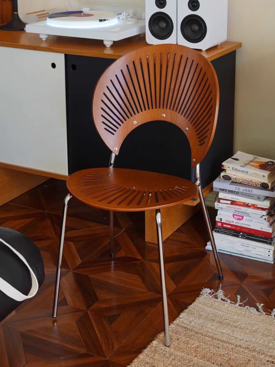 贝壳椅子实木家用靠背餐桌椅子复古网红设计师凳子侘寂风中古餐椅