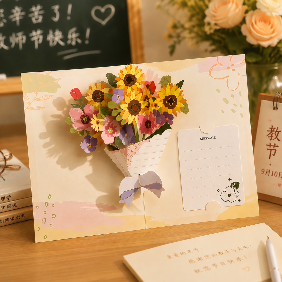 教师节贺卡2026新款送老师立体高级感礼物手写感恩祝福3d花束卡片