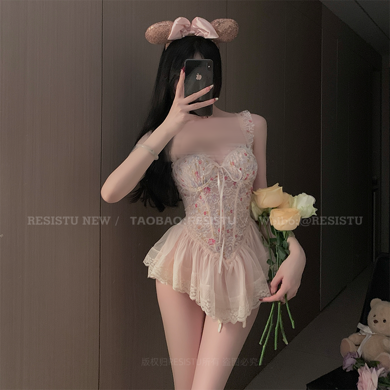 RESISTU帶胸墊少女碎花魚骨胸衣