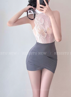 RESISTU威尼斯恋情 性感OL蕾丝挂脖包臀裙透视网眼御姐风制服睡裙