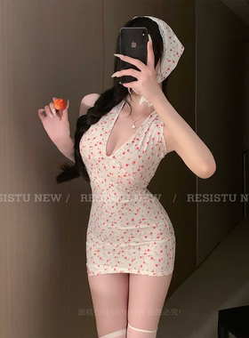 RESISTU雨露诗 法式少女碎花挂脖睡裙2026性感田园风纯欲深V睡裙