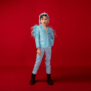 2025夏季蕾丝羽毛西装仙气女童走秀礼服演出服租赁唱歌生日夏季租