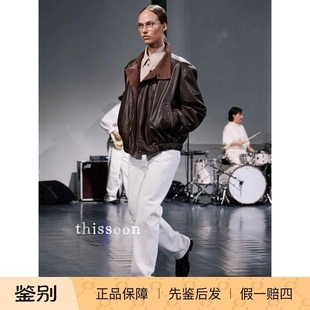 折扣 Lemaire新款深巧棕色立领拼接麂皮牛皮皮衣夹克外套极简男女