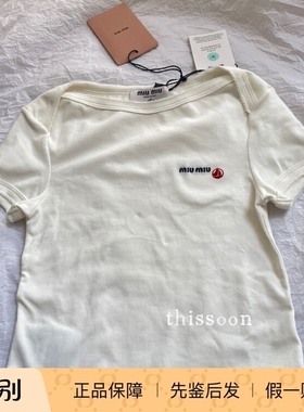 折扣现货 MiuMiu 缪缪新款帆船联名logo白色圆领修身短袖T恤女