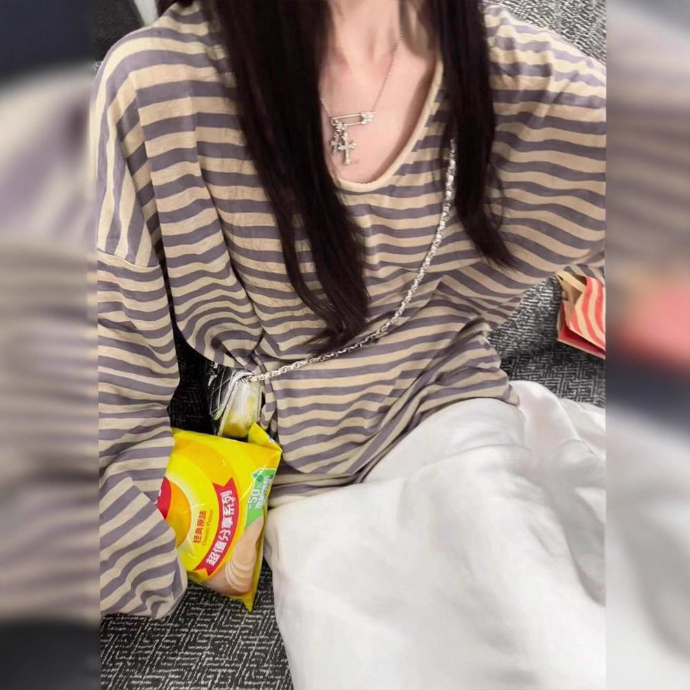 慵懒风条纹圆领防晒长袖T