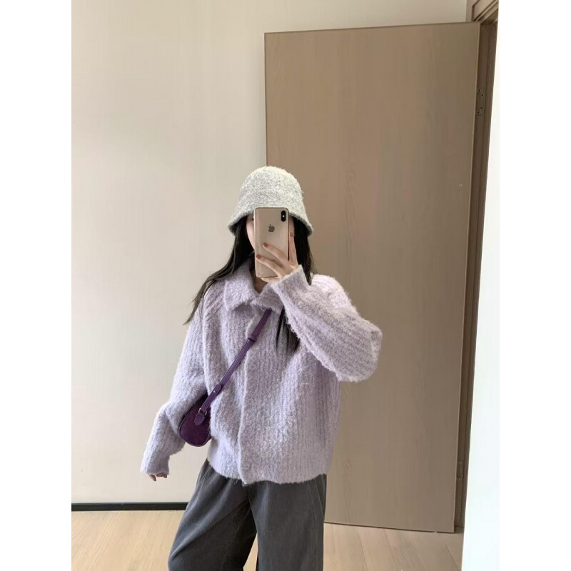 韩11秋冬氛围感韩系紫色百搭休闲宽松上衣毛衣女款