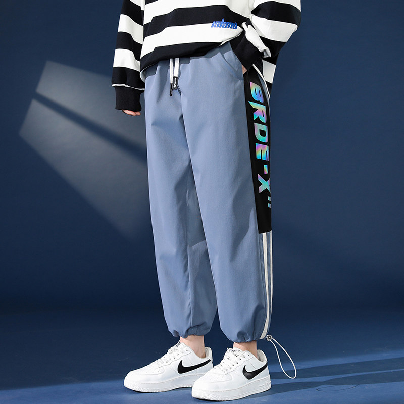 Spring reflective drawstring pants men's casual pants trend straight Leggings