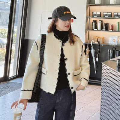 ELLE小香风毛呢短外套女撞色短款