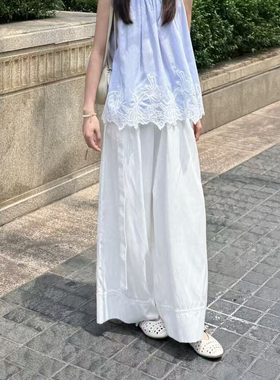 ELLE白色亚麻垂感休闲裤子女2026夏季新款天丝显瘦宽松阔腿裤子