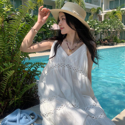 ELLE白色拼接花边吊带连衣裙