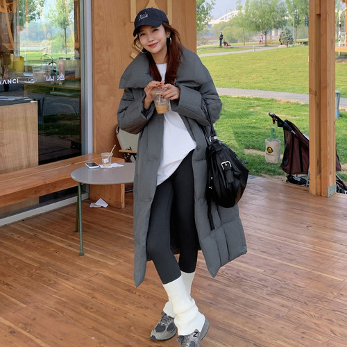 ELLE立领灰色羽绒服女长款