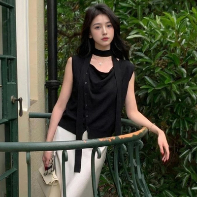 ELLE飘带领无袖针织T恤