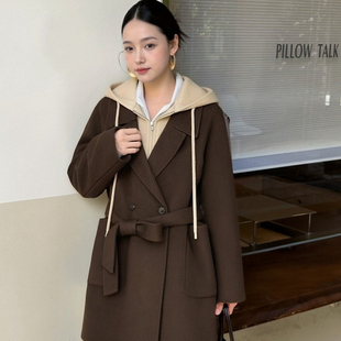 ELLE假两件连帽双面呢大衣女2025冬季新款山羊绒中长款毛呢外套