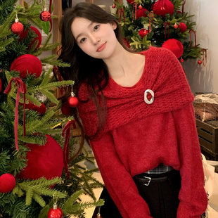 【织就心愿】ELLE新年红披肩毛衣女2026春季镂空慵懒绵羊毛针织衫